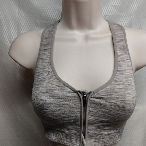 Avia Racer back Sports Bra, M, Tan, front zipper, pre-owned - Picture 1 of 6
